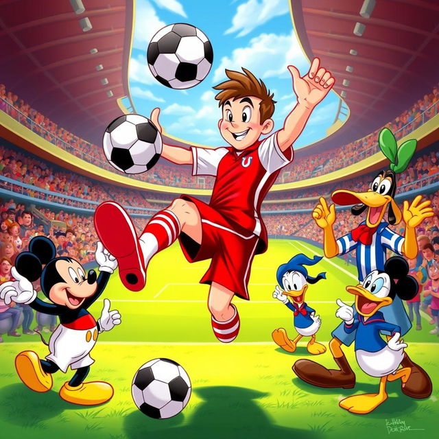 A soccer player skillfully juggling a ball on their foot, surrounded by beloved Disney characters like Mickey Mouse, Donald Duck, and Goofy, all cheering enthusiastically