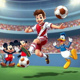 A soccer player skillfully juggling a ball on their foot, surrounded by beloved Disney characters like Mickey Mouse, Donald Duck, and Goofy, all cheering enthusiastically