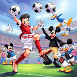 A soccer player skillfully juggling a ball on their foot, surrounded by beloved Disney characters like Mickey Mouse, Donald Duck, and Goofy, all cheering enthusiastically