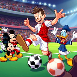 A soccer player skillfully juggling a ball on their foot, surrounded by beloved Disney characters like Mickey Mouse, Donald Duck, and Goofy, all cheering enthusiastically