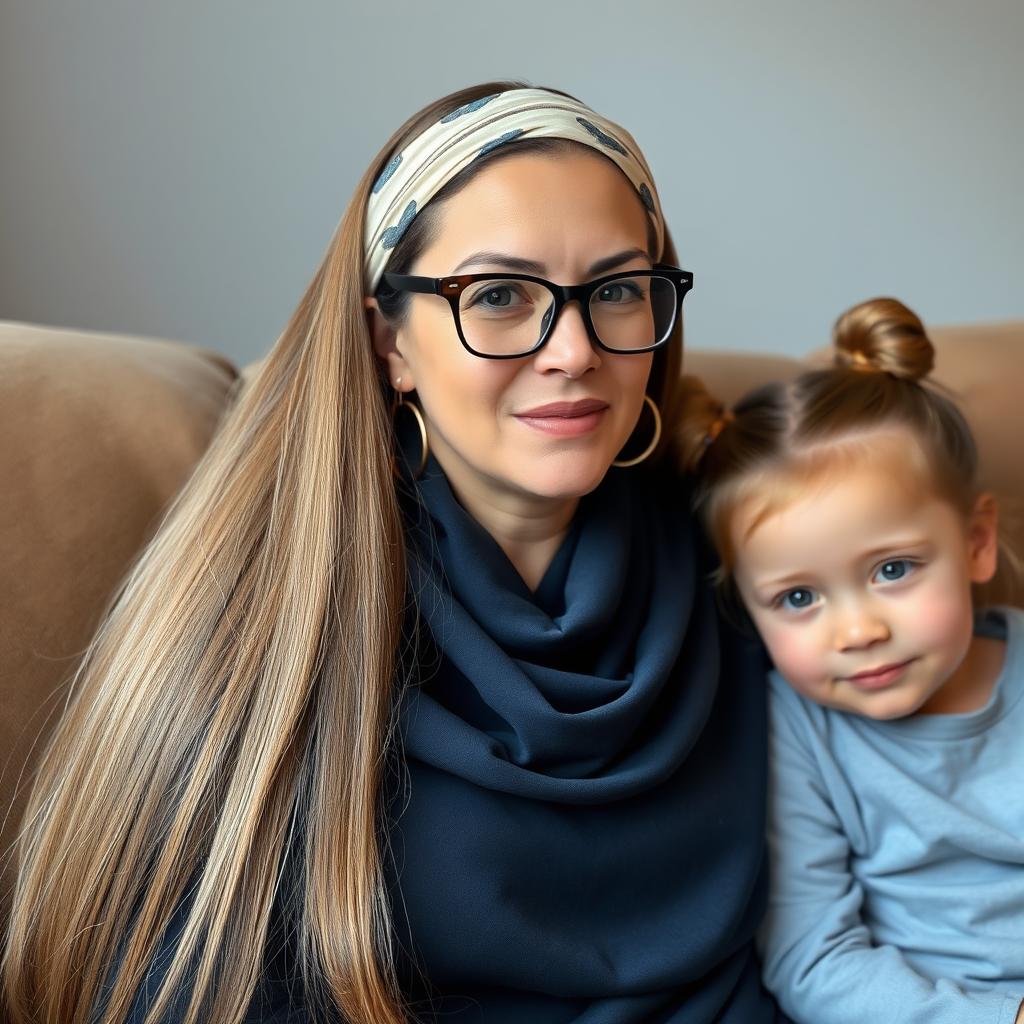 A mother with very long, silky, and loose hair, wearing a headband and medical glasses, adorned with circle-shaped earrings