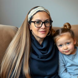 A mother with very long, silky, and loose hair, wearing a headband and medical glasses, adorned with circle-shaped earrings