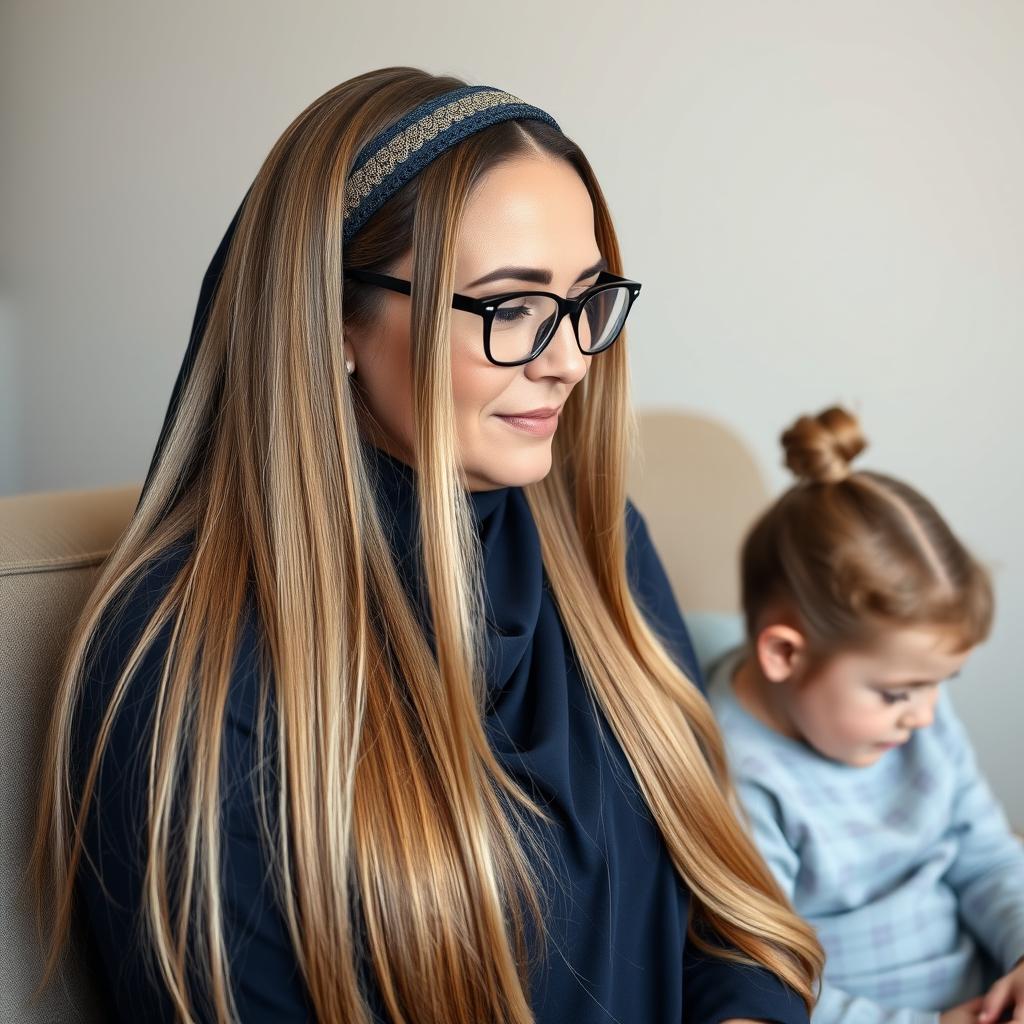 A mother with very long, silky, and loose hair, wearing a headband and medical glasses, adorned with circle-shaped earrings