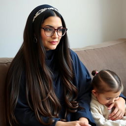 A mother with very long, silky, and loose hair, wearing a headband and medical glasses, adorned with circle-shaped earrings