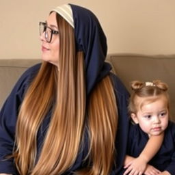 A mother with very long, silky, and loose hair, wearing a headband and medical glasses, adorned with circle-shaped earrings