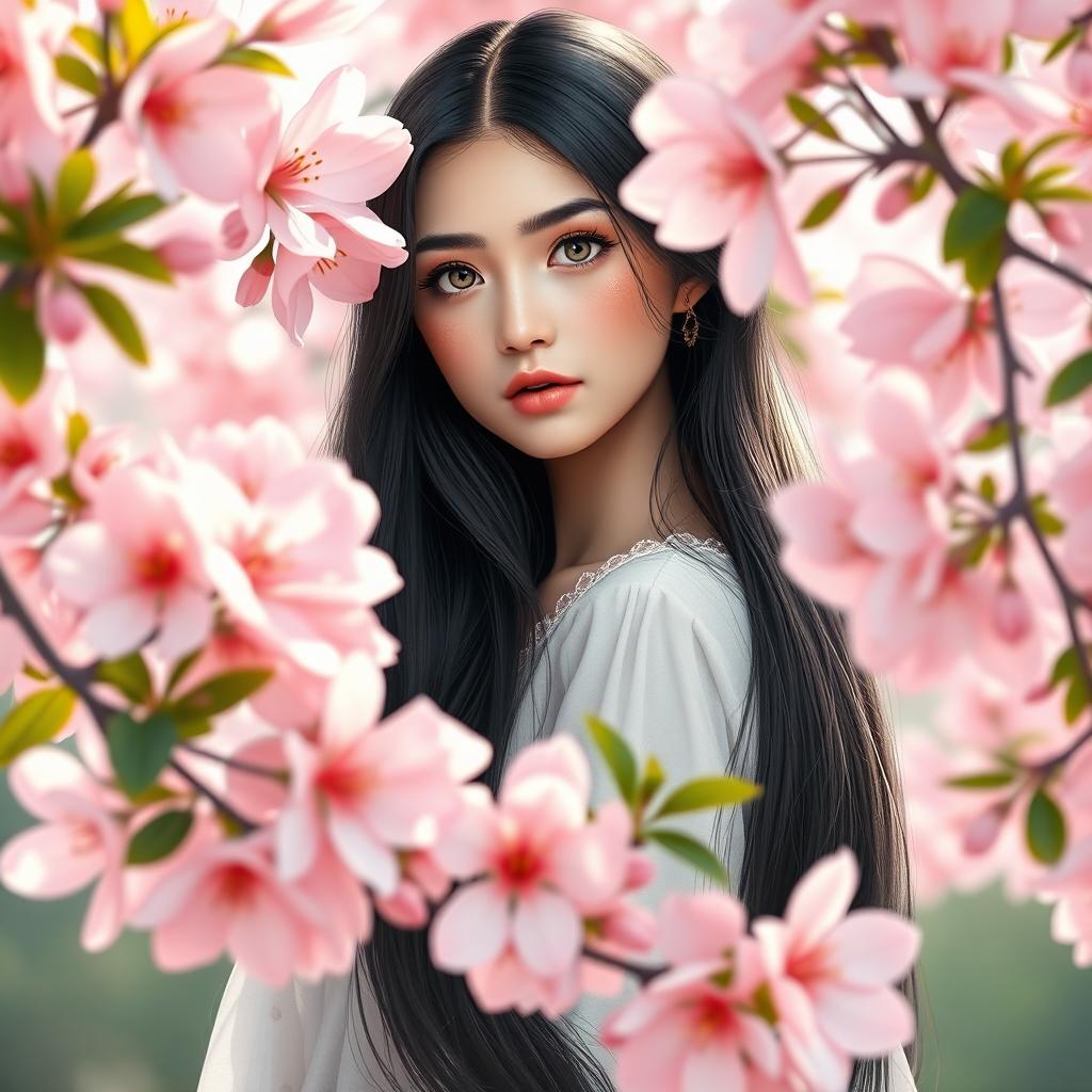 A beautiful Slavic girl with long black hair standing gracefully among vibrant sakura flowers