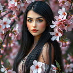 A beautiful Slavic girl with long black hair standing gracefully among vibrant sakura flowers