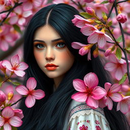 A beautiful Slavic girl with long black hair standing gracefully among vibrant sakura flowers