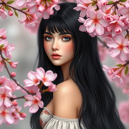 A beautiful Slavic girl with long black hair standing gracefully among vibrant sakura flowers