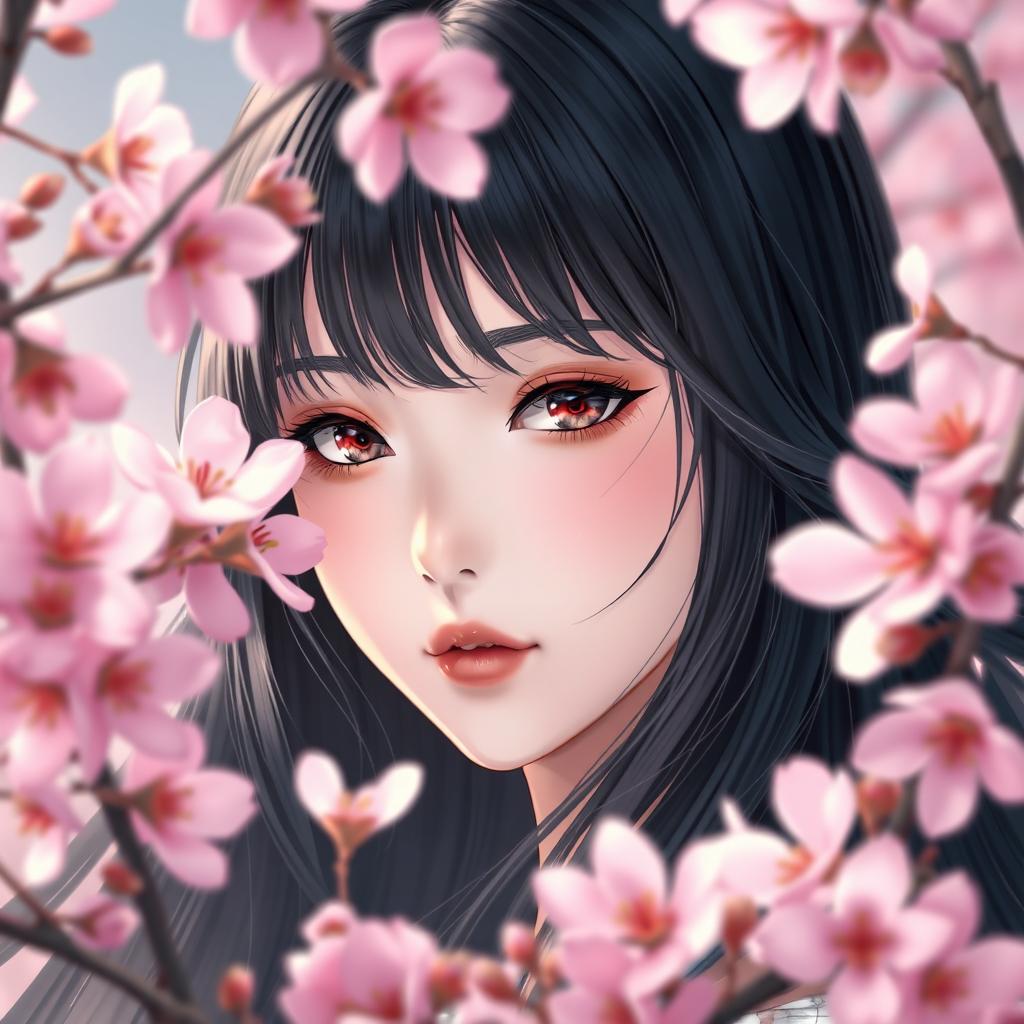 A stunning girl with long, flowing black hair surrounded by blooming sakura flowers