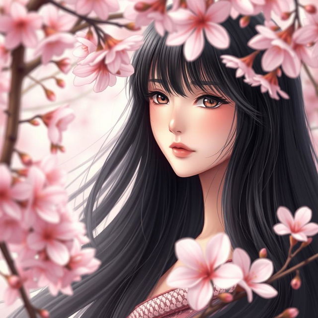 A stunning girl with long, flowing black hair surrounded by blooming sakura flowers