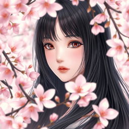 A stunning girl with long, flowing black hair surrounded by blooming sakura flowers