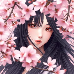 A stunning girl with long, flowing black hair surrounded by blooming sakura flowers