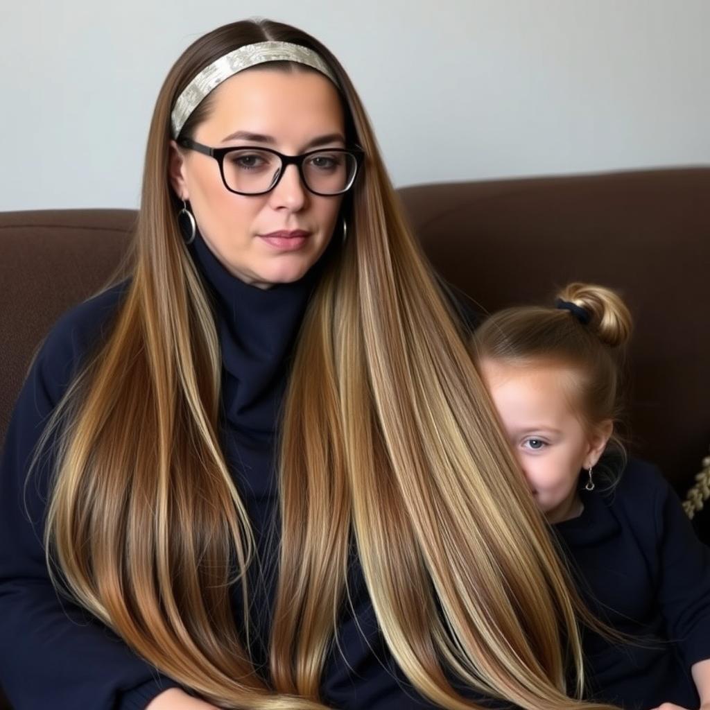 A mother with very long, silky, and loose hair, wearing a headband and medical glasses, adorned with circle-shaped earrings