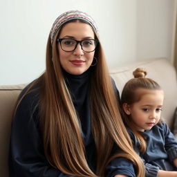 A mother with very long, silky, and loose hair, wearing a headband and medical glasses, adorned with circle-shaped earrings