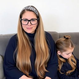 A mother with very long, silky, and loose hair, wearing a headband and medical glasses, adorned with circle-shaped earrings