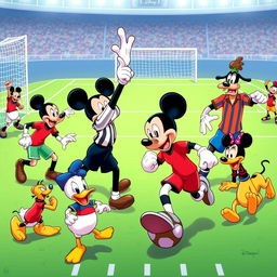 A group of football players collaborating with iconic Disney characters