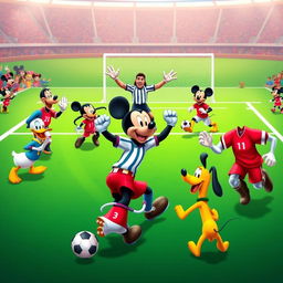 A group of football players collaborating with iconic Disney characters