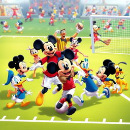 A group of football players collaborating with iconic Disney characters