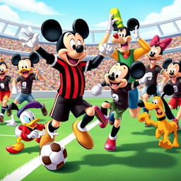 A group of football players collaborating with iconic Disney characters