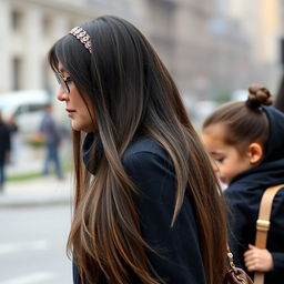 A mother with very long, silky, and loose hair, adorned with a headband and wearing medical glasses and circle-shaped earrings