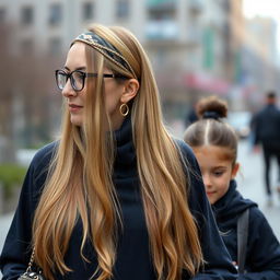 A mother with very long, silky, and loose hair, adorned with a headband and wearing medical glasses and circle-shaped earrings