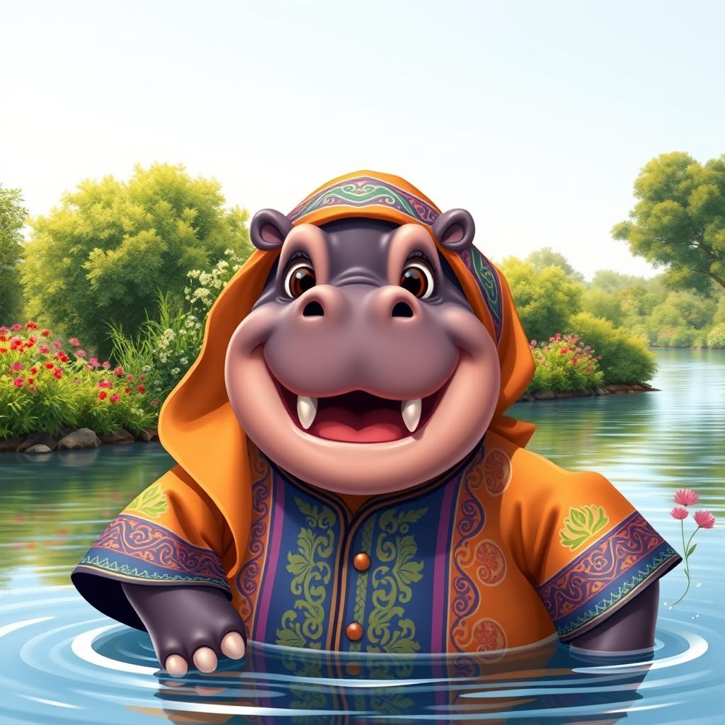 A cheerful and anthropomorphic Muslim hippopotamus wearing a colorful traditional outfit featuring intricate patterns, with a joyful expression and big, friendly eyes