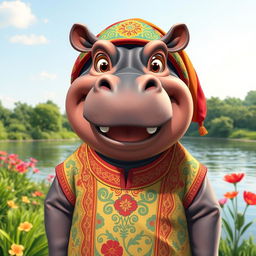 A cheerful and anthropomorphic Muslim hippopotamus wearing a colorful traditional outfit featuring intricate patterns, with a joyful expression and big, friendly eyes