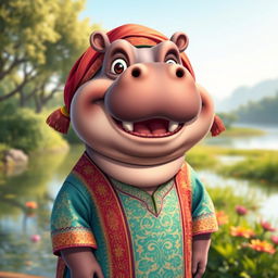 A cheerful and anthropomorphic Muslim hippopotamus wearing a colorful traditional outfit featuring intricate patterns, with a joyful expression and big, friendly eyes