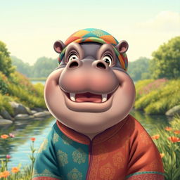 A cheerful and anthropomorphic Muslim hippopotamus wearing a colorful traditional outfit featuring intricate patterns, with a joyful expression and big, friendly eyes