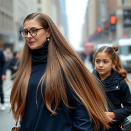 An elegant woman with very long, silky, flowing hair wearing a headband, medical glasses, and round earrings