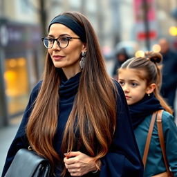 An elegant woman with very long, silky, flowing hair wearing a headband, medical glasses, and round earrings