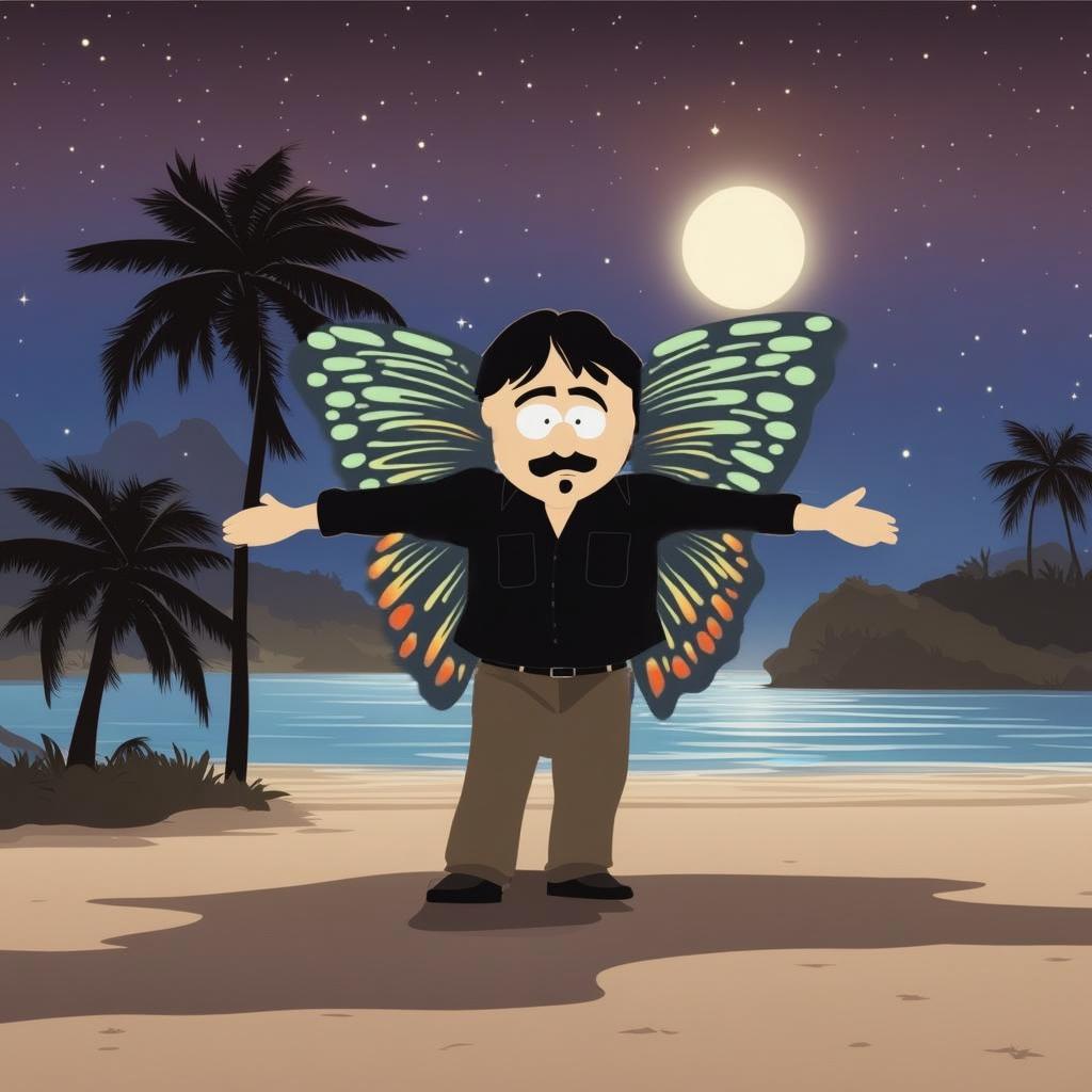 Randy Marsh from South Park with colorful butterfly wings dancing joyfully on a beach at night, moonlit golden sand, clear blue waters reflecting the night sky, silhouetted palm trees