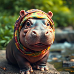 A cute baby hippo wearing a colorful hijab, showcasing its large, innocent eyes and endearing smile