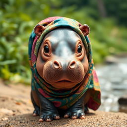 A cute baby hippo wearing a colorful hijab, showcasing its large, innocent eyes and endearing smile