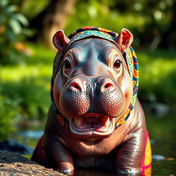 A cute baby hippo wearing a colorful hijab, showcasing its large, innocent eyes and endearing smile