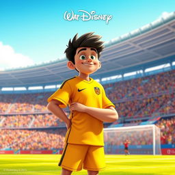 A Disney-style movie poster featuring a soccer player wearing a yellow jersey