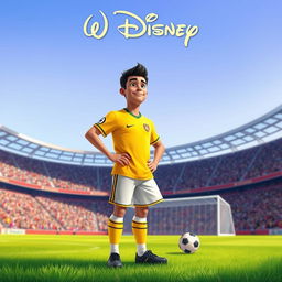 A Disney-style movie poster featuring a soccer player wearing a yellow jersey