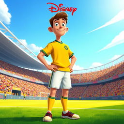 A Disney-style movie poster featuring a soccer player wearing a yellow jersey