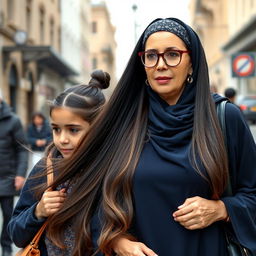 An elegant mother with very long, silky, flowing hair, wearing a headband, medical glasses, and round earrings