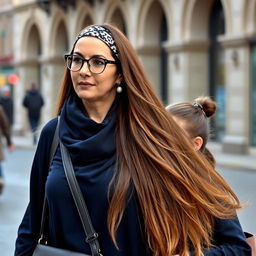 An elegant mother with very long, silky, flowing hair, wearing a headband, medical glasses, and round earrings