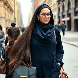 An elegant mother with very long, silky, flowing hair, wearing a headband, medical glasses, and round earrings