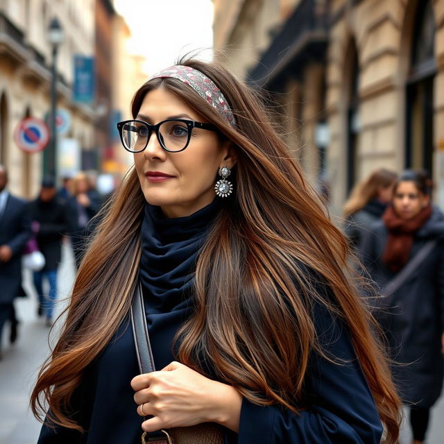 An elegant mother with very long, silky, flowing hair, wearing a headband, medical glasses, and round earrings