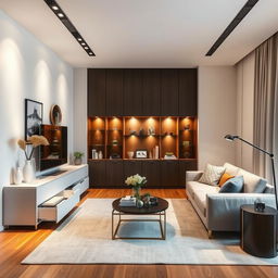 Redesign the living room by placing an L-shaped cabinet with storage drawers in the corner for functionality and storage