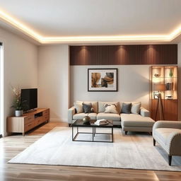 Redesign the living room by placing an L-shaped cabinet with storage drawers in the corner for functionality and storage