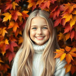 A beautiful girl with long blond hair smiles joyfully among vibrant autumn leaves