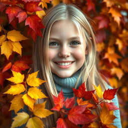 A beautiful girl with long blond hair smiles joyfully among vibrant autumn leaves