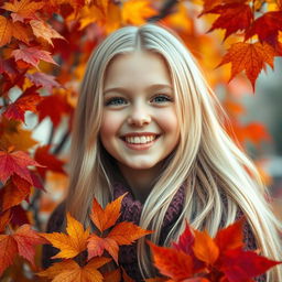 A beautiful girl with long blond hair smiles joyfully among vibrant autumn leaves