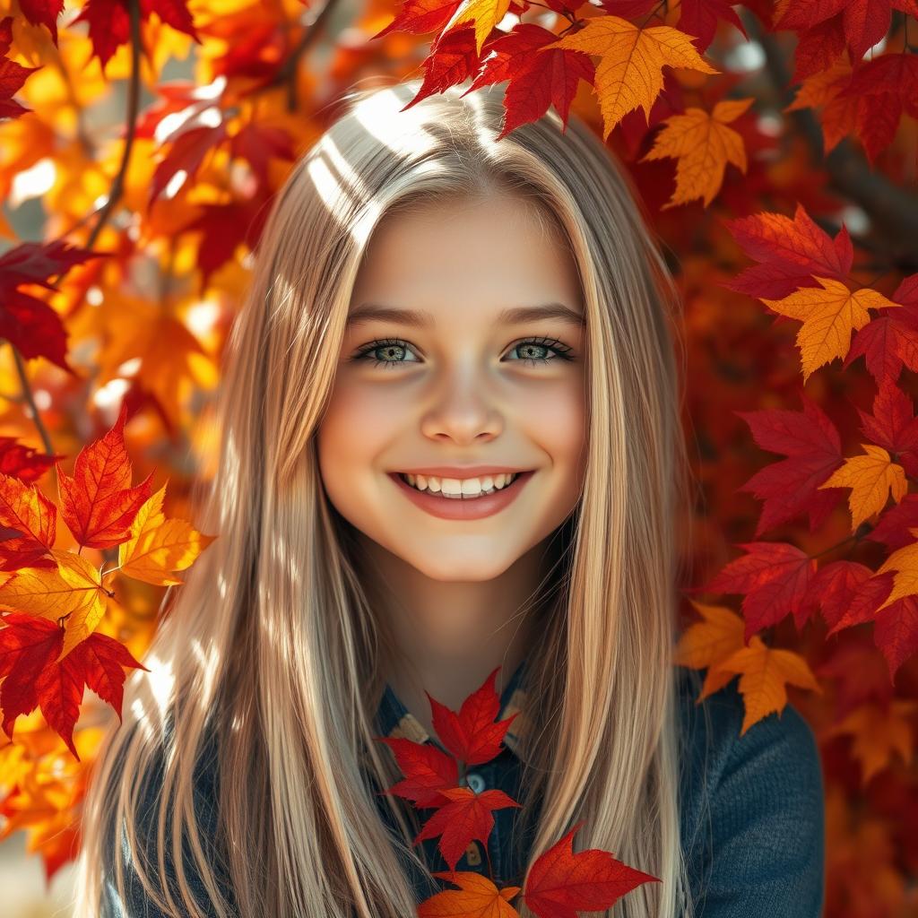 A beautiful girl with long blond hair smiles joyfully among vibrant autumn leaves