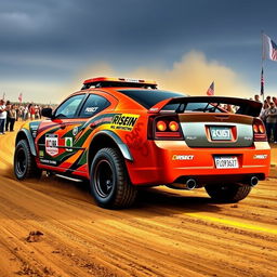 2007 Dodge Charger hatchback modified for rally racing, equipped with off-road tires and a custom suspension, showcasing a rugged exterior with racing decals and vibrant colors, set against a dynamic motorsport backdrop with dirt trails and cheering crowds, capturing the essence of a thrilling rally event